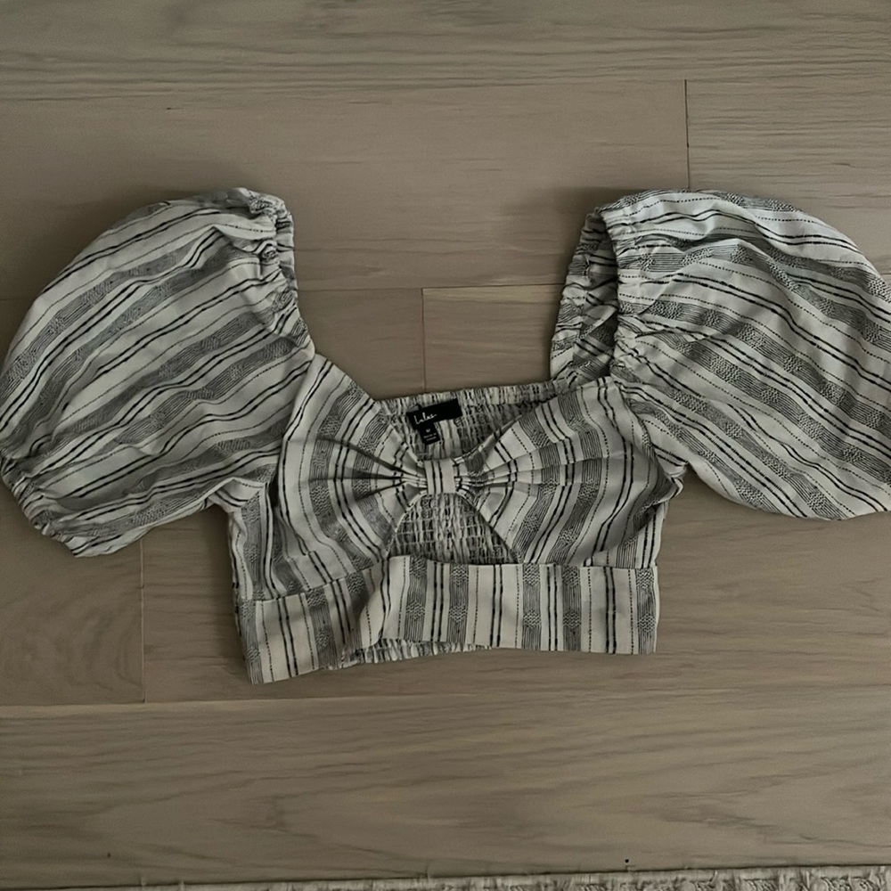 Lulus Just My Stripe Black Striped Knot-Front Puff Sleeve Crop top